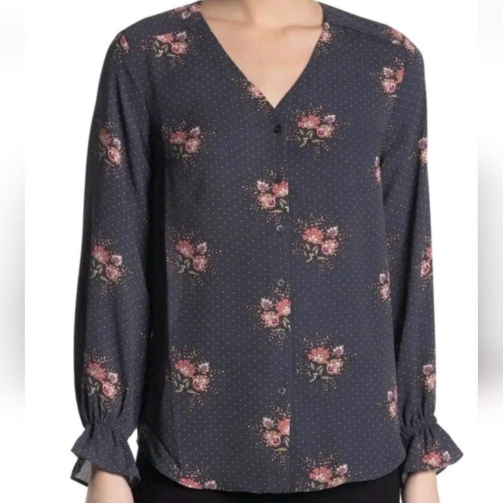 Tahari Polka Dots Floral Button Blouse Women's XL Black Cottagecore Peasant